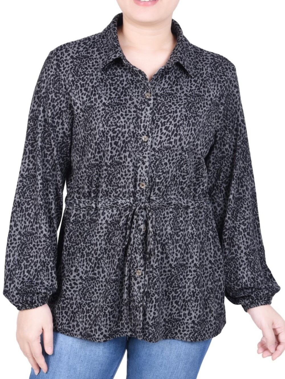 NY Collection Long Dolman Sleeves Button-Down Drawstring Waist Tunic Top